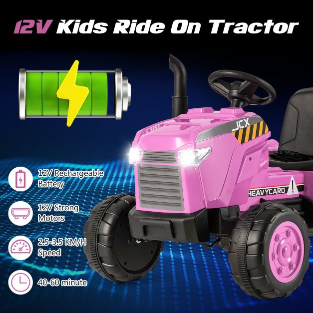 12V Kids Ride On Tractor with Trailer with Remote Control and Lights and Horn-Pink