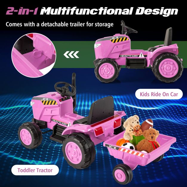 12V Kids Ride On Tractor with Trailer with Remote Control and Lights and Horn-Pink
