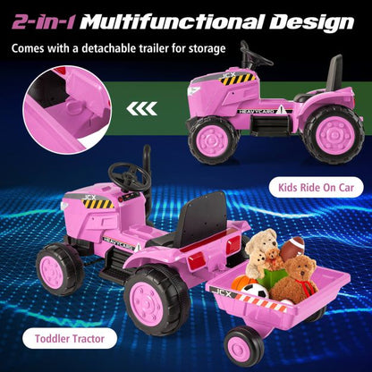 12V Kids Ride On Tractor with Trailer with Remote Control and Lights and Horn-Pink