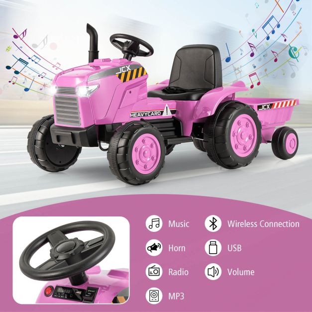 12V Kids Ride On Tractor with Trailer with Remote Control and Lights and Horn-Pink