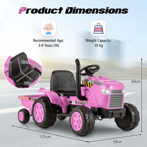 12V Kids Ride On Tractor with Trailer with Remote Control and Lights and Horn-Pink