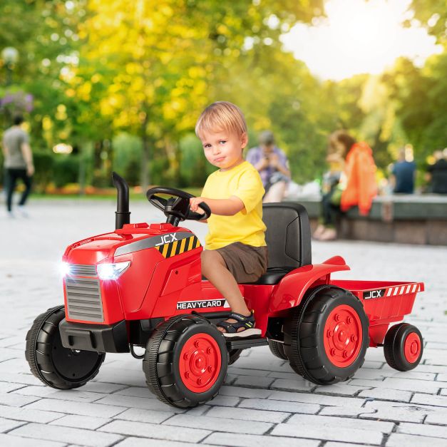 12V Kids Ride On Tractor with Trailer with Remote Control and Lights and Horn-Red
