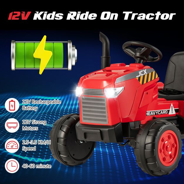 12V Kids Ride On Tractor with Trailer with Remote Control and Lights and Horn-Red