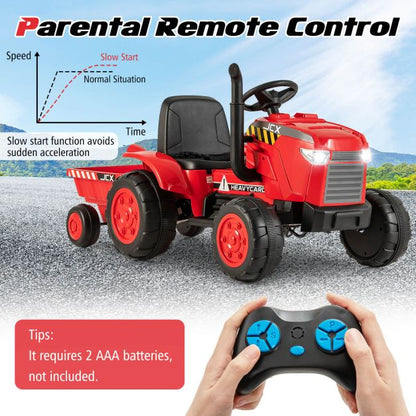 12V Kids Ride On Tractor with Trailer with Remote Control and Lights and Horn-Red