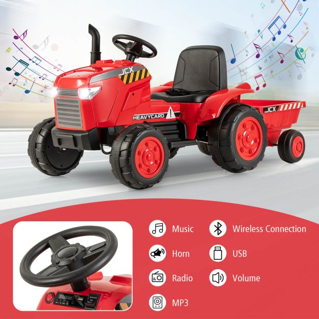 12V Kids Ride On Tractor with Trailer with Remote Control and Lights and Horn-Red