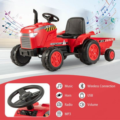 12V Kids Ride On Tractor with Trailer with Remote Control and Lights and Horn-Red