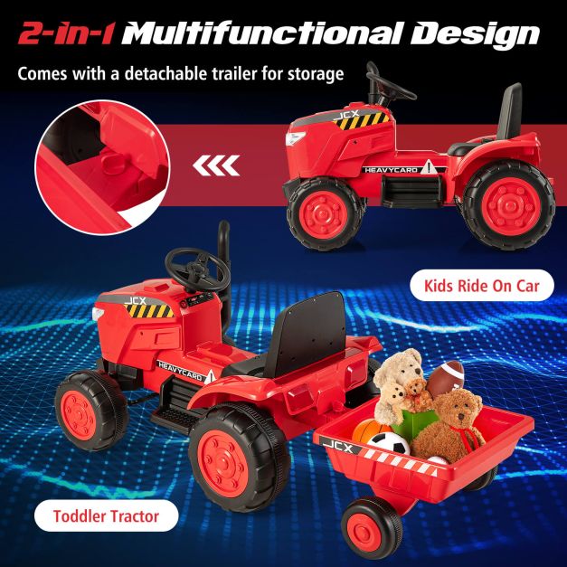 12V Kids Ride On Tractor with Trailer with Remote Control and Lights and Horn-Red