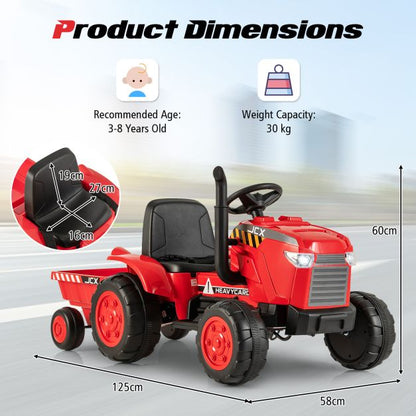 12V Kids Ride On Tractor with Trailer with Remote Control and Lights and Horn-Red