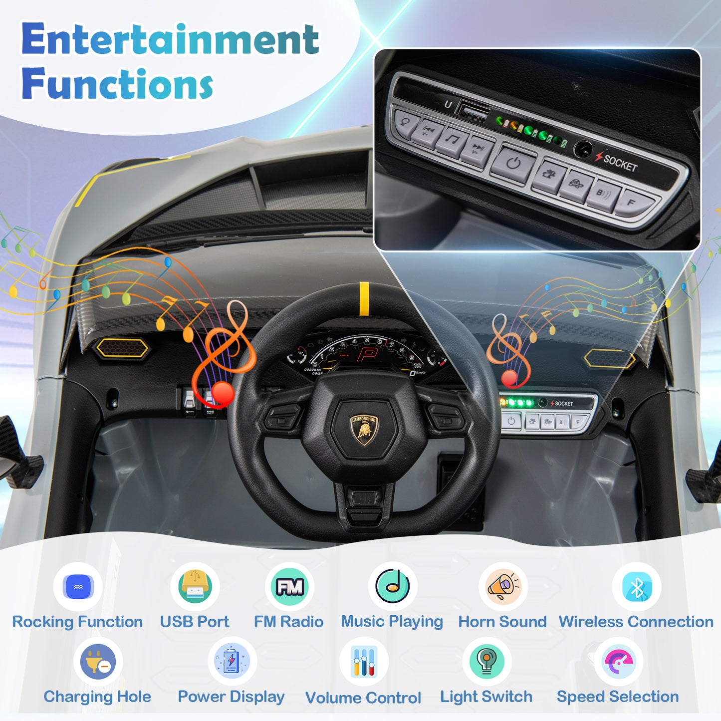 12V Kids Ride on Car 4WD Lamborghini Licensed with 3 Speeds and Music-Grey