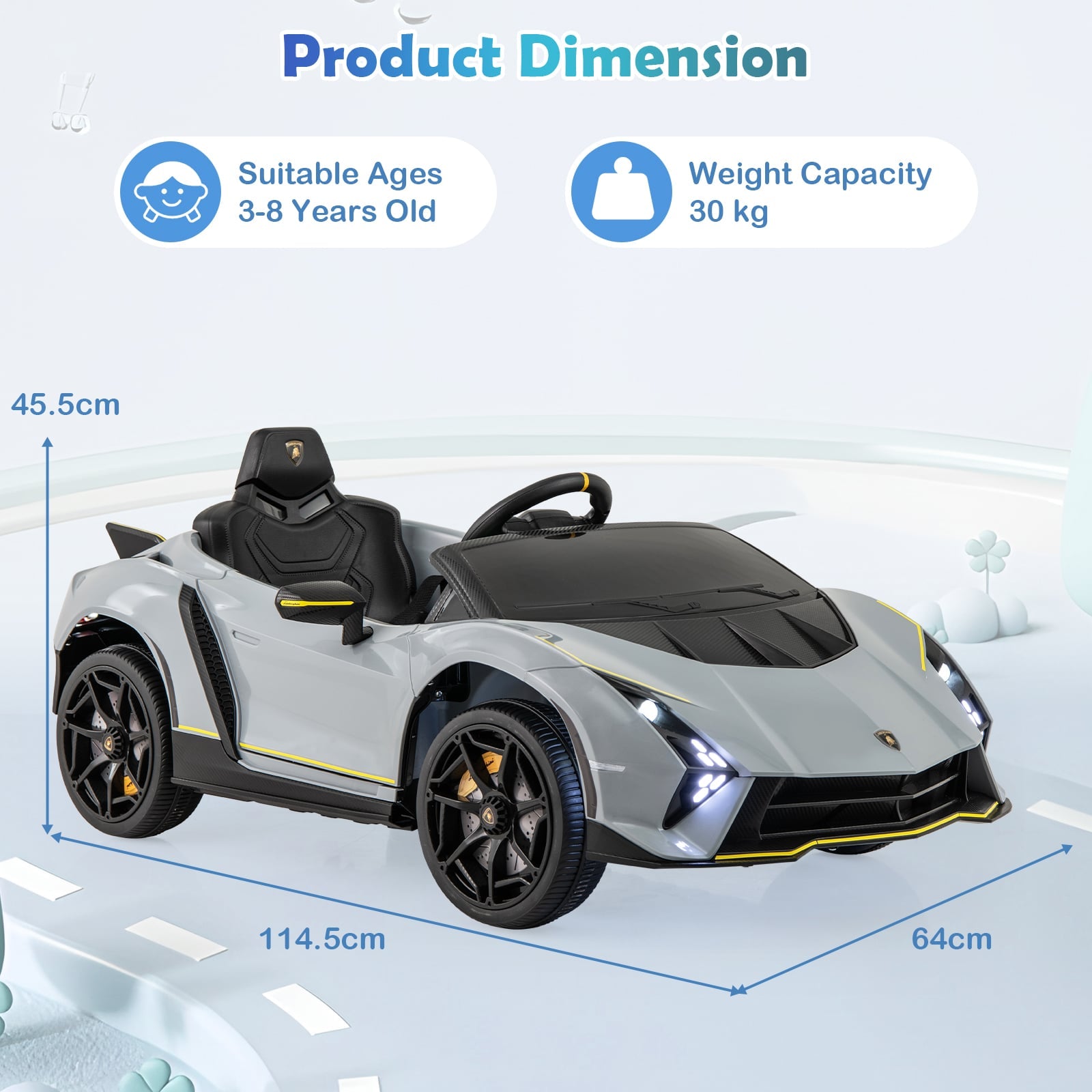12V Kids Ride on Car 4WD Lamborghini Licensed with 3 Speeds and Music-Grey