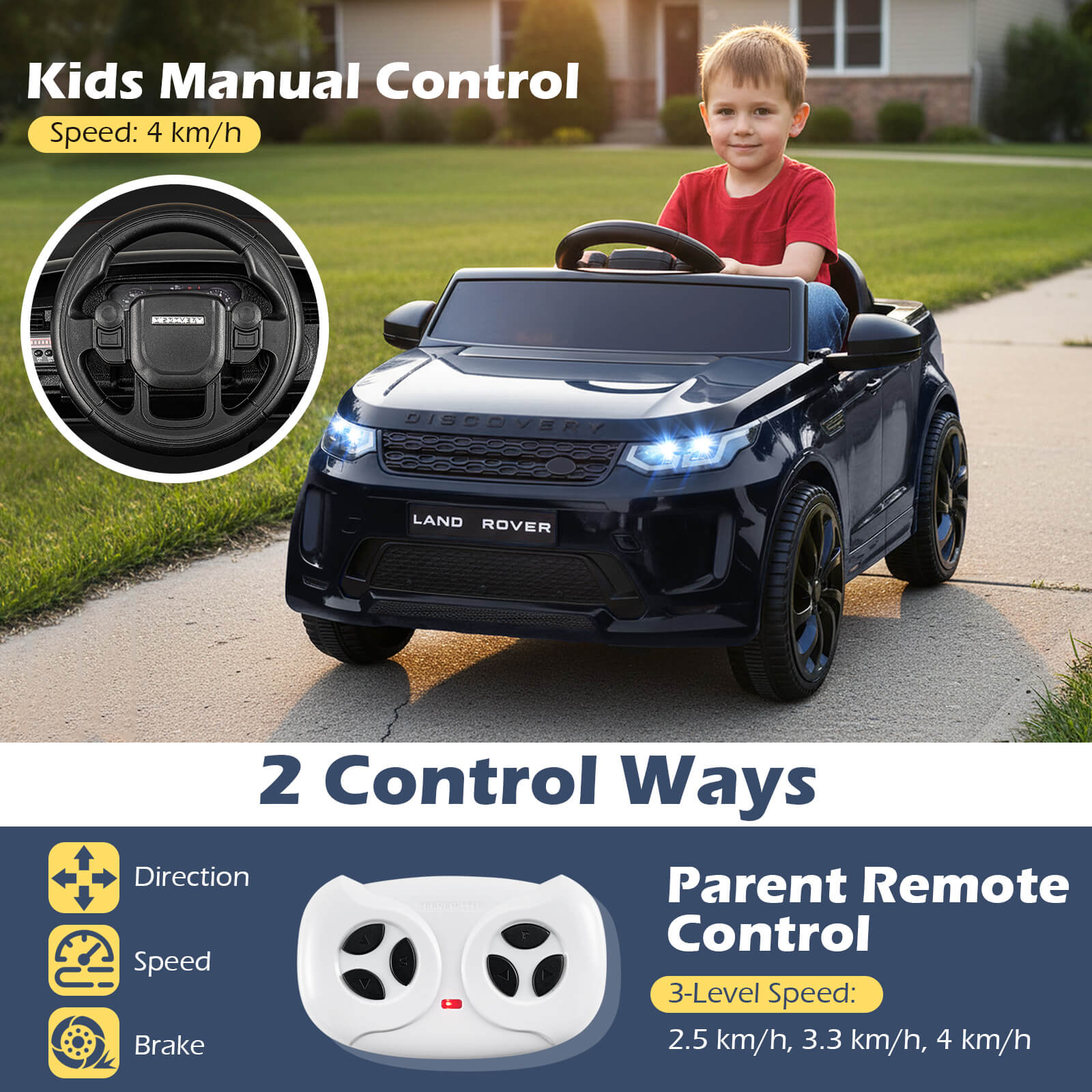 12V Ride on Car with Remote Control and Music Licensed Land Rover-Black
