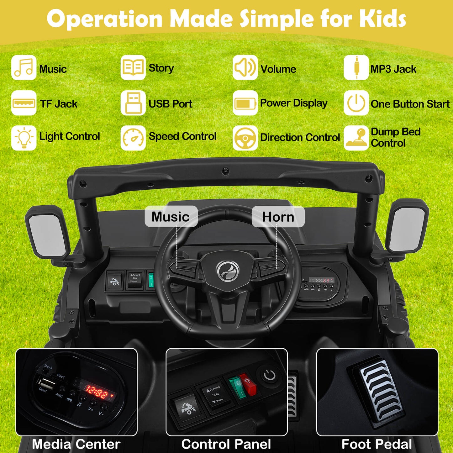 12V Ride on Dump Truck with Electric Dump Bed with Music and Remote Control-Black