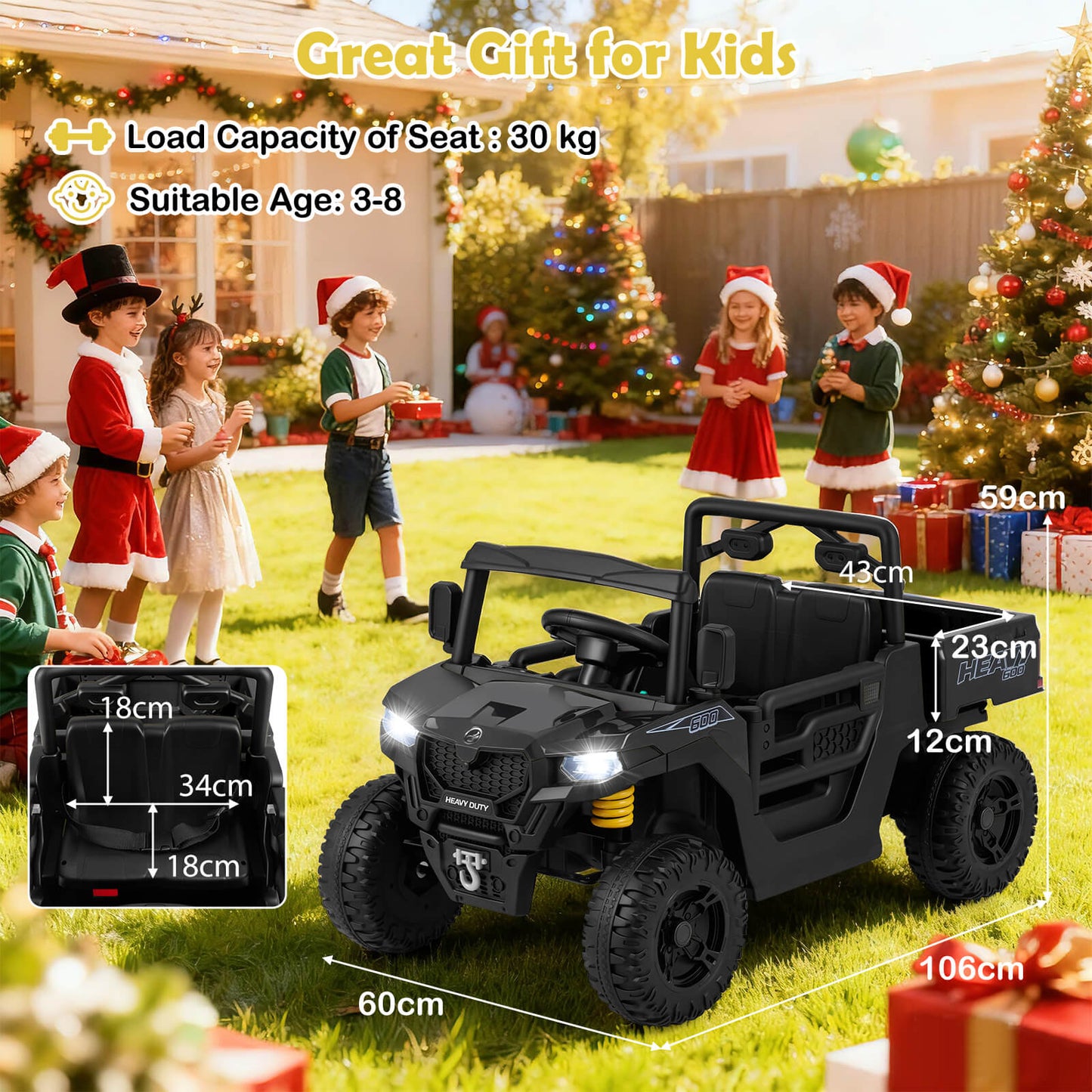 12V Ride on Dump Truck with Electric Dump Bed with Music and Remote Control-Black