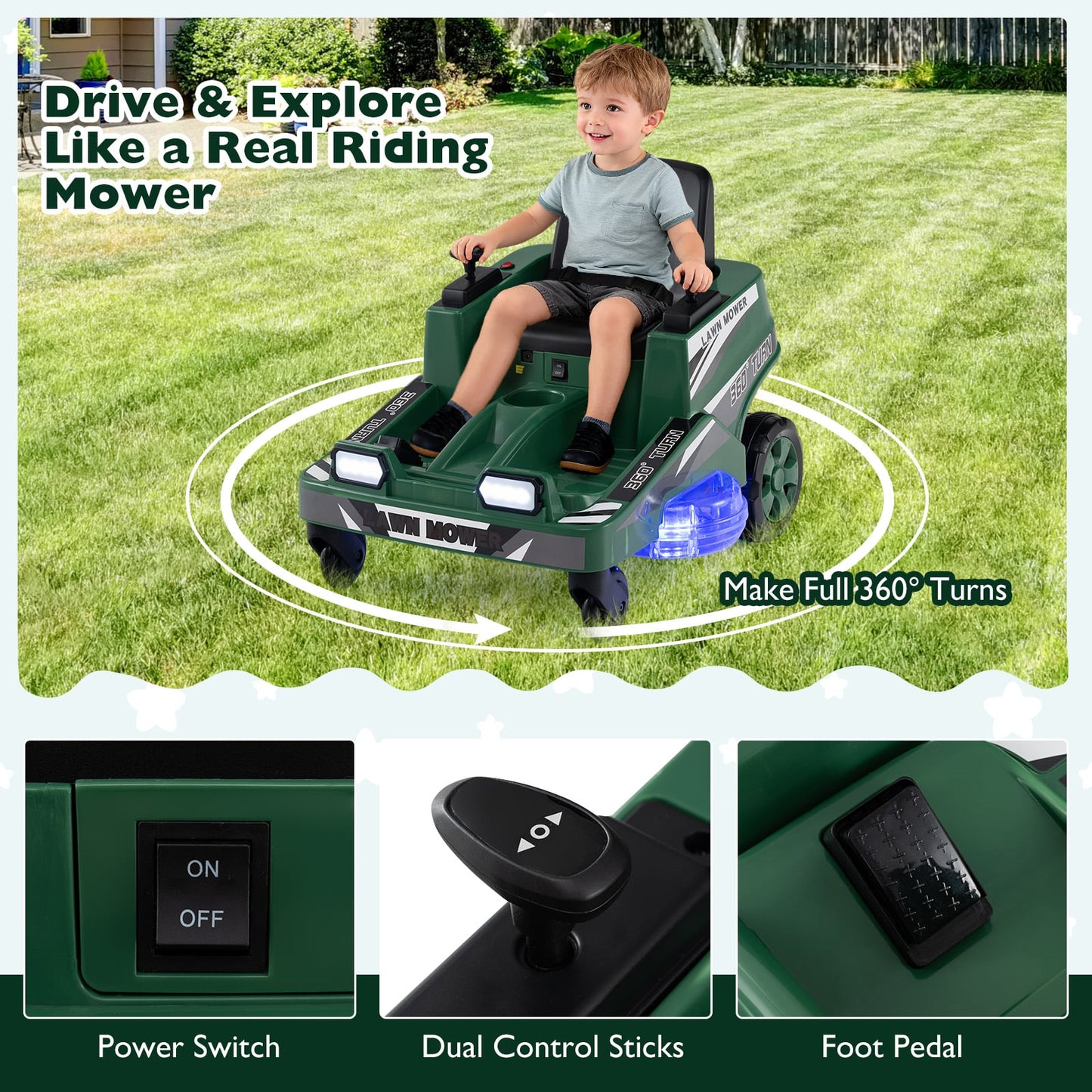 12V Ride on Lawn Mower for Kids with Dual Control Sticks and LED Lights-Green