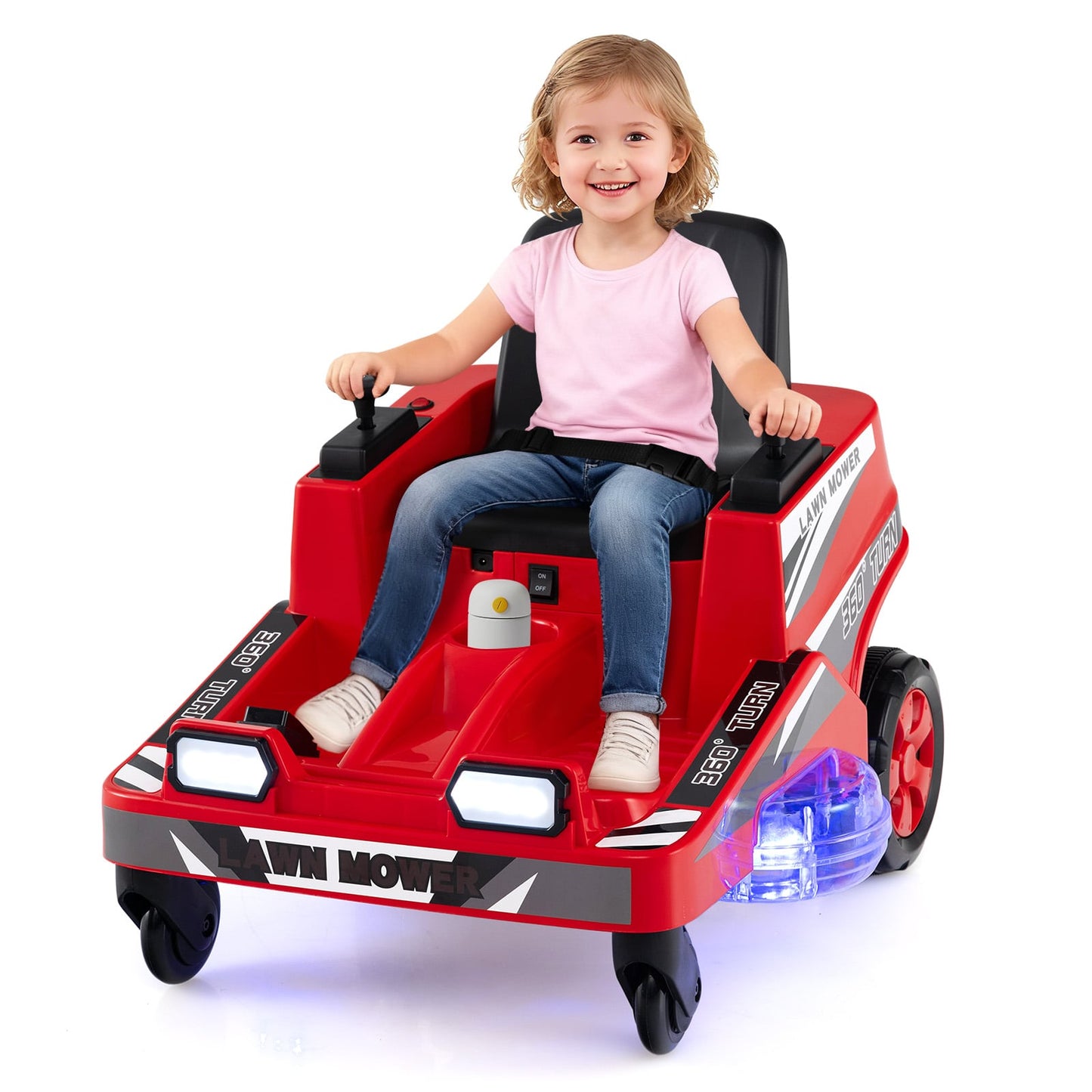 12V Ride on Lawn Mower for Kids with Dual Control Sticks and LED Lights-Red