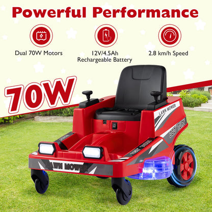 12V Ride on Lawn Mower for Kids with Dual Control Sticks and LED Lights-Red