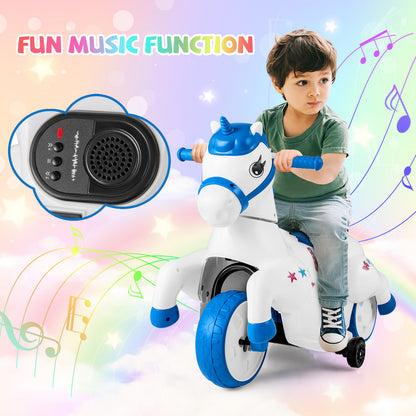 12V Unicorn Ride on Toy with Training Wheels for Kids-Blue and White