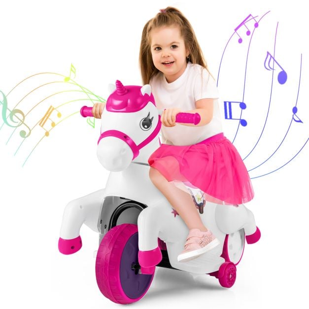 12V Unicorn Ride on Toy with Training Wheels for Kids-Rose Red and White