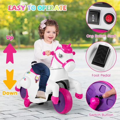 12V Unicorn Ride on Toy with Training Wheels for Kids-Rose Red and White