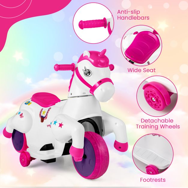 12V Unicorn Ride on Toy with Training Wheels for Kids-Rose Red and White