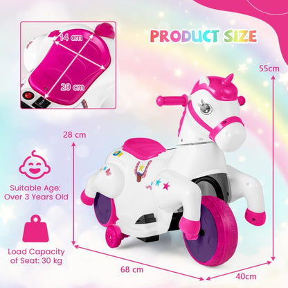 12V Unicorn Ride on Toy with Training Wheels for Kids-Rose Red and White