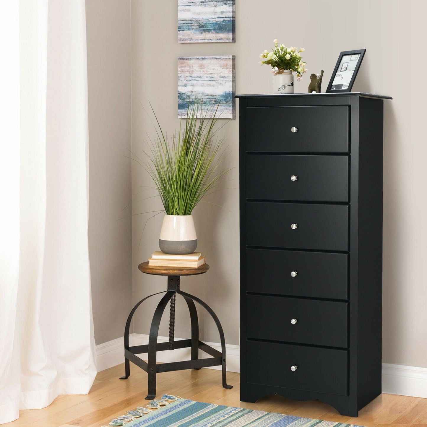 6 Drawer Chest with Mental Knobs for Living Room-Black