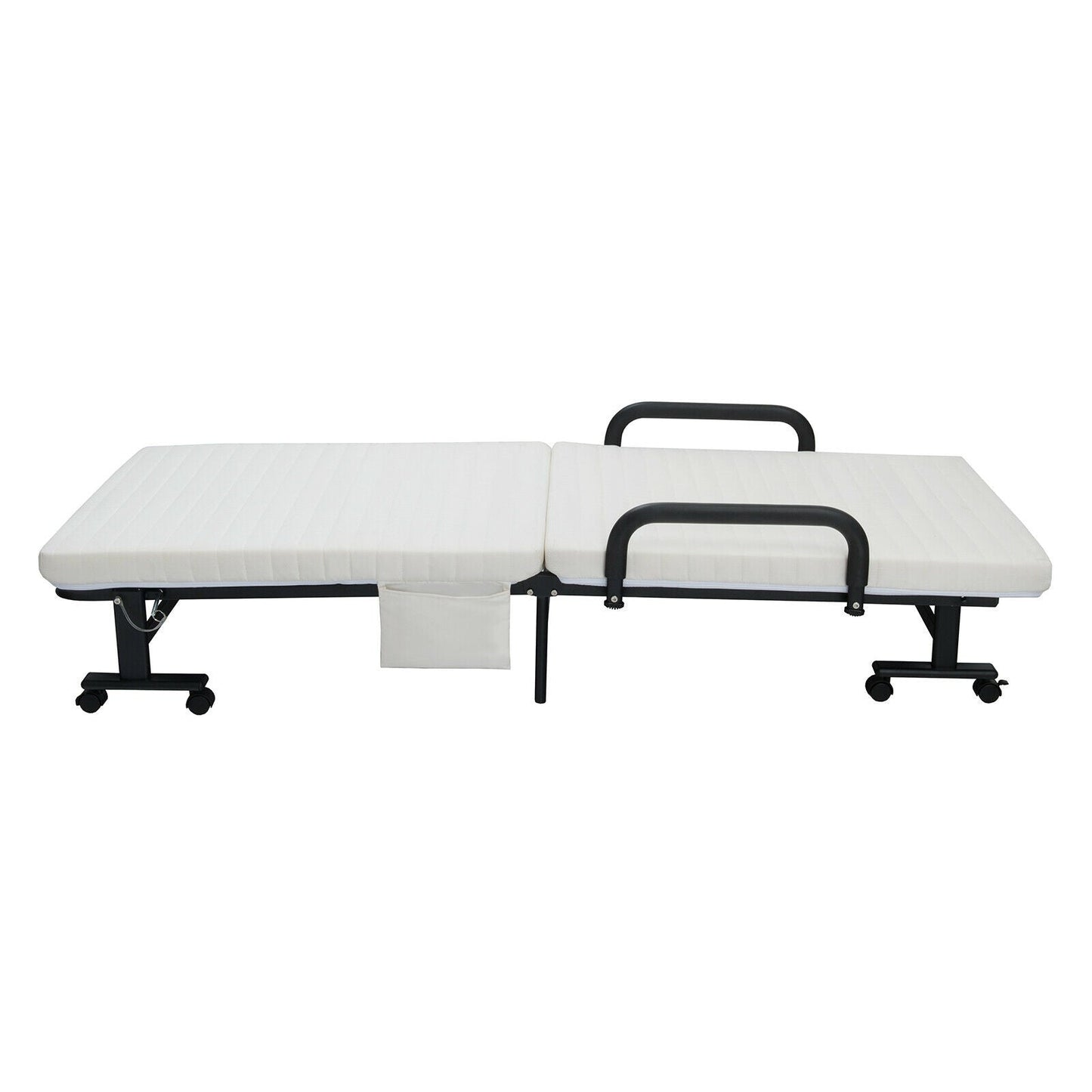 Folding Single Guest Bed with Mattress & Metal Frame-White