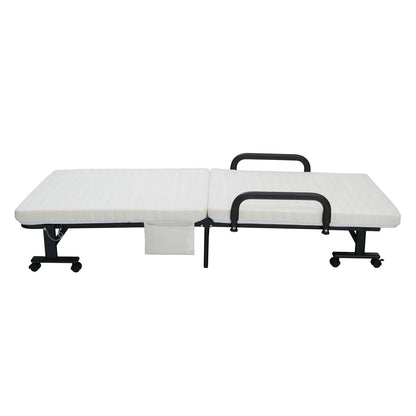 Folding Single Guest Bed with Mattress & Metal Frame-White