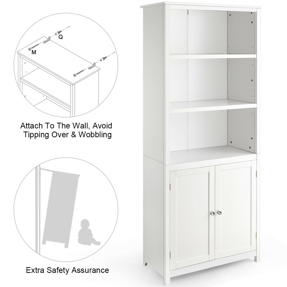 Wooden Tall Bookcase with 3-Tier Storage Cabinet-White