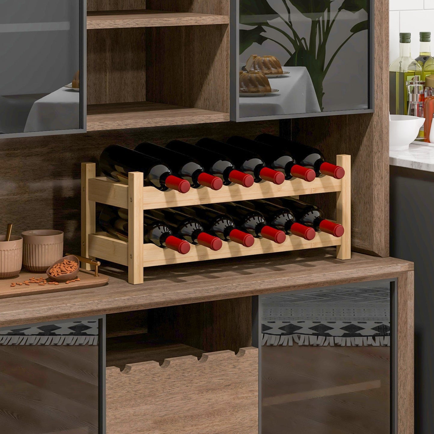 12 Bottle 2-Tier Wine Rack for Kitchen-Natural