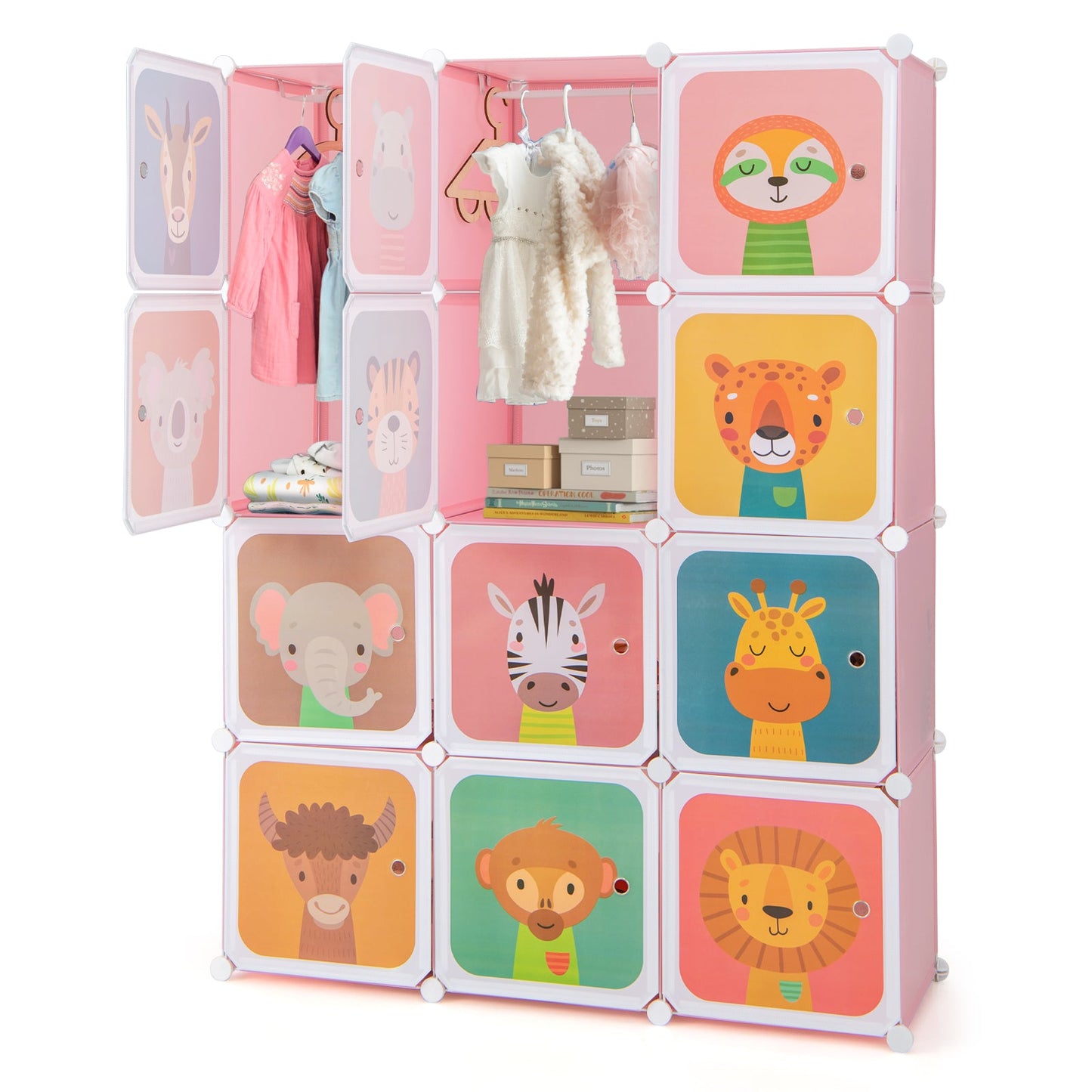 12 Cube Portable Kids Wardrobe with Hanging Section-Pink