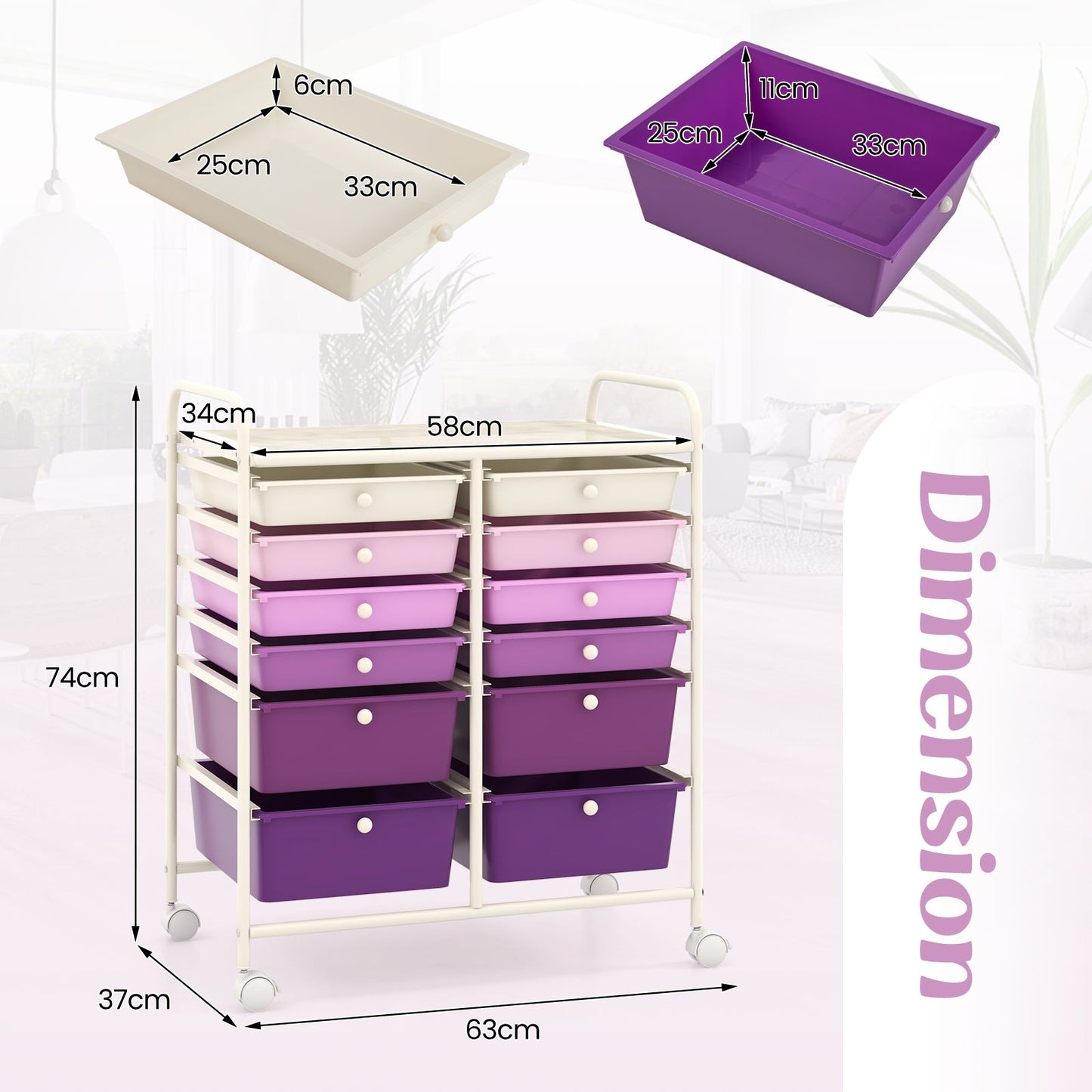 12 Drawers Rolling Storage Cart with 4 Wheels and Brakes-Purple