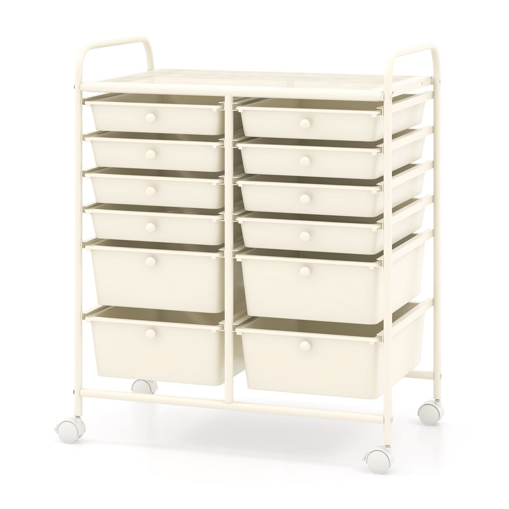 12 Drawers Rolling Storage Cart with 4 Wheels and Brakes-White