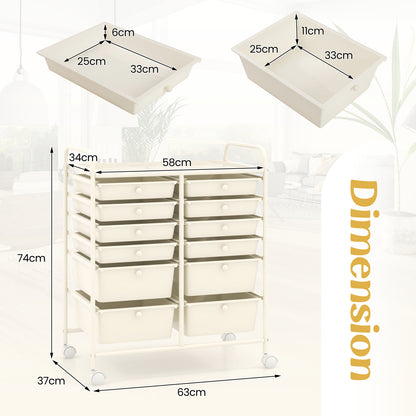12 Drawers Rolling Storage Cart with 4 Wheels and Brakes-White