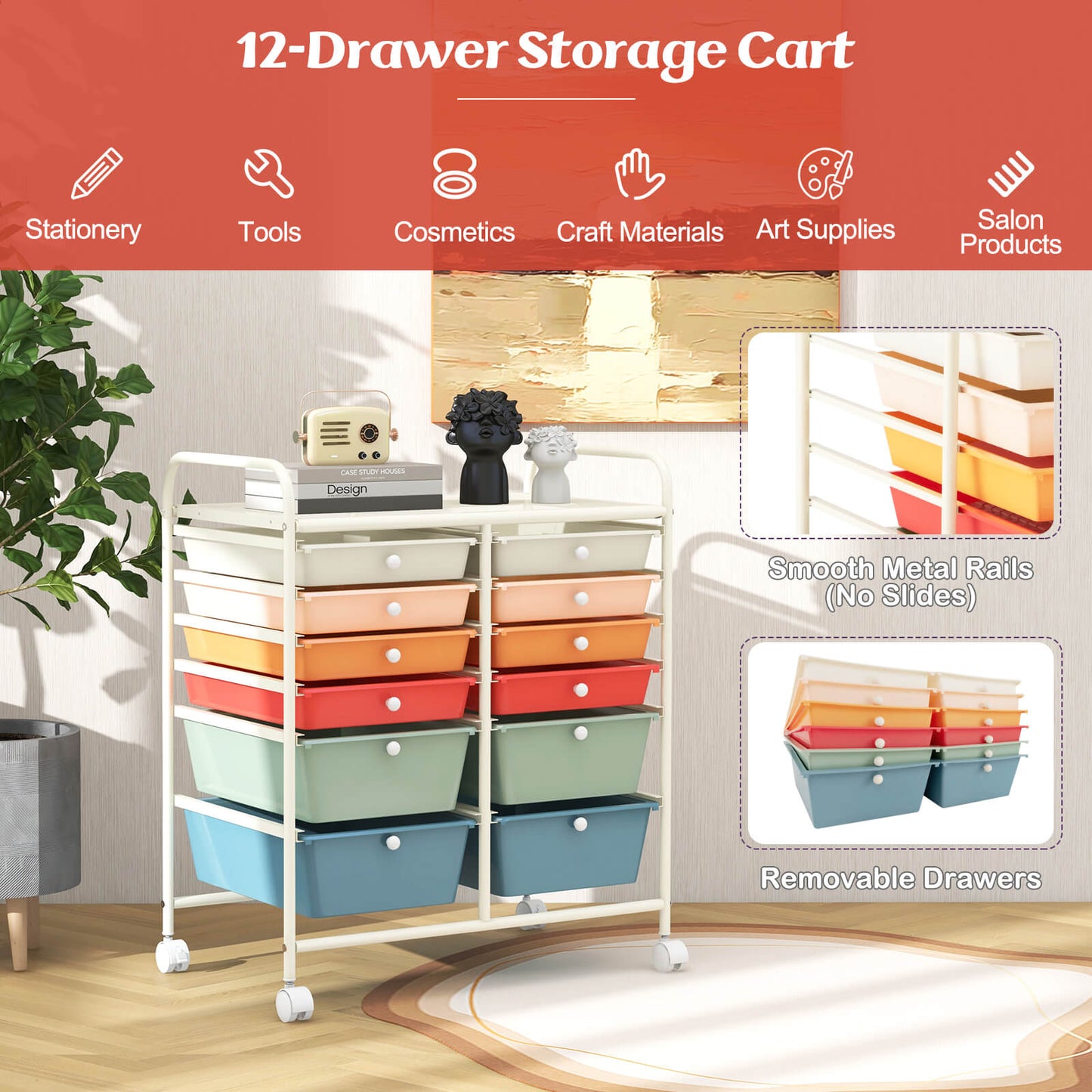 12 Drawers Rolling Storage Cart with 4 Wheels and Brakes-Colourful