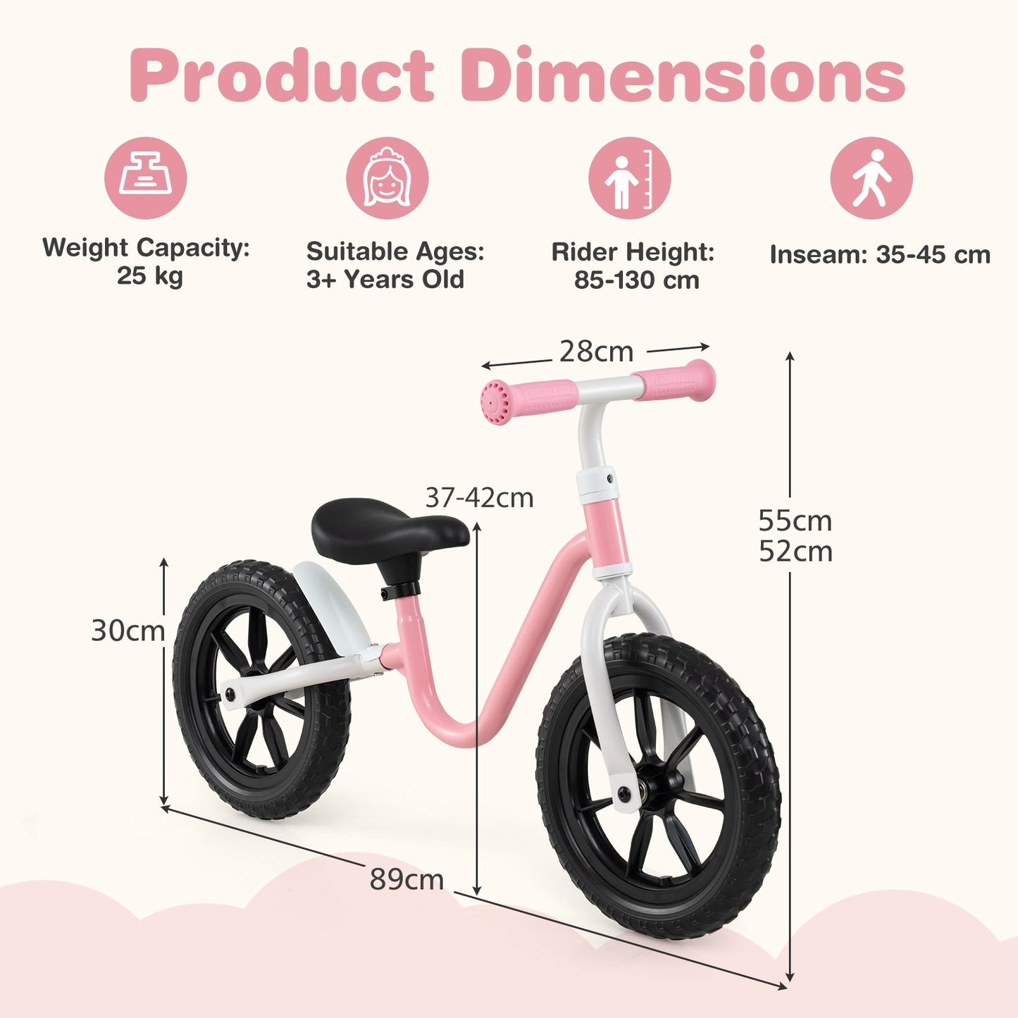 12 Inch Balance Bike No Pedal Training Bicycle with Adjustable Handle and Seat-Pink