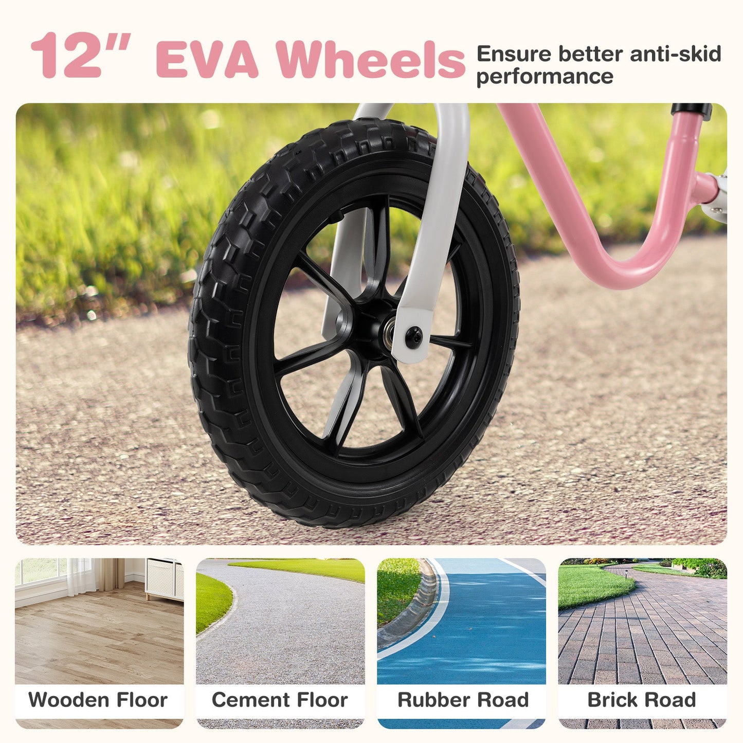 12 Inch Balance Bike No Pedal Training Bicycle with Adjustable Handle and Seat-Pink