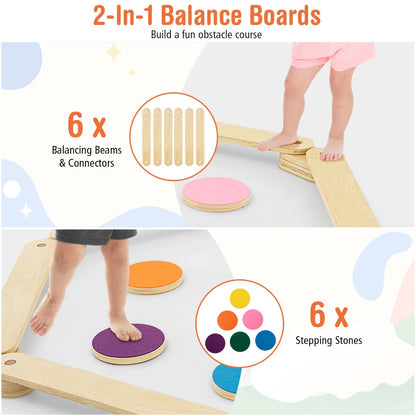 12 Pcs Kids Wooden Balance Beam with Colorful Steeping Stones