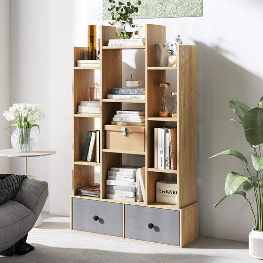 12-Tier Wooden Bookshelf with Folding Drawer for Study Living Room-Natural