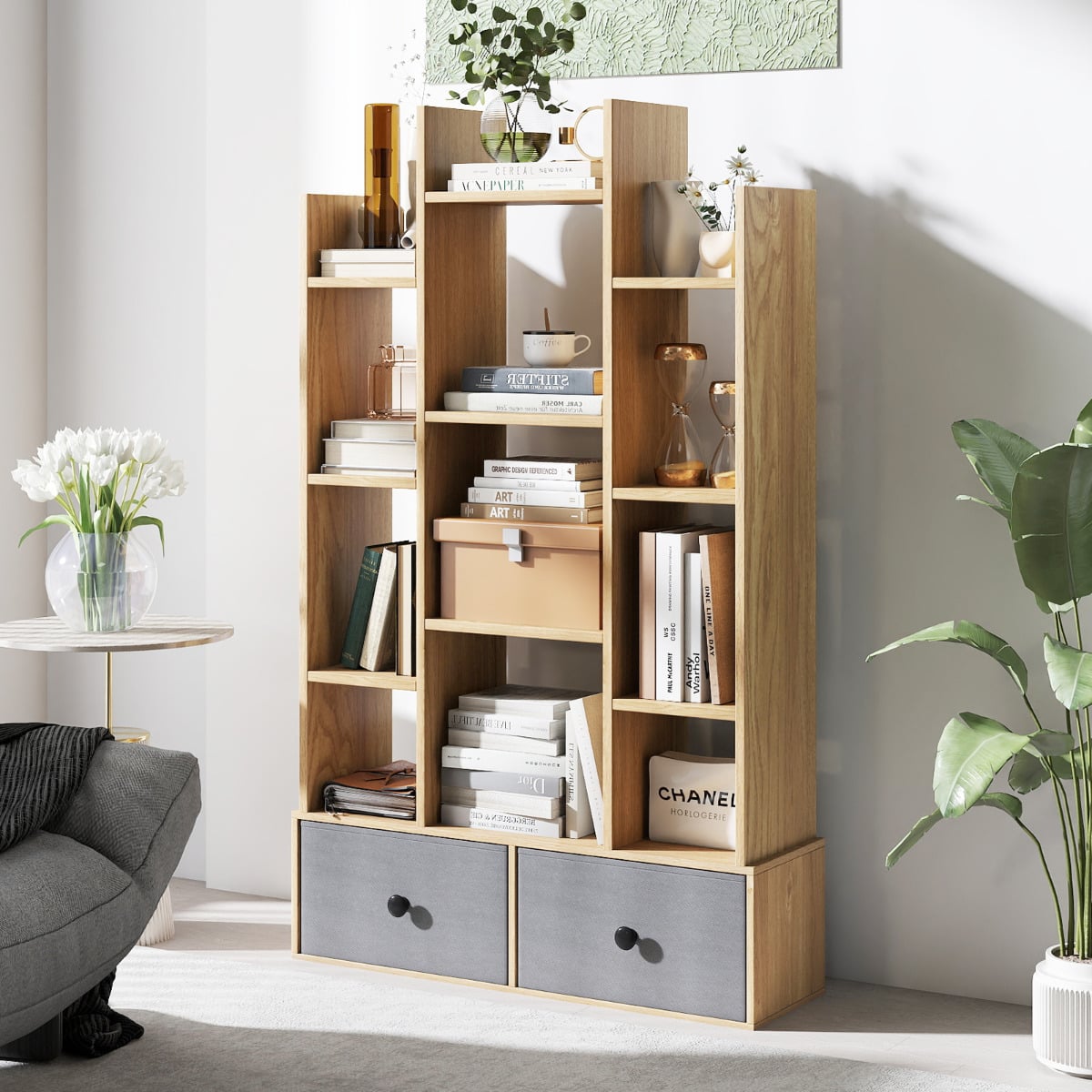 12-Tier Wooden Bookshelf with Folding Drawer for Study Living Room-Natural