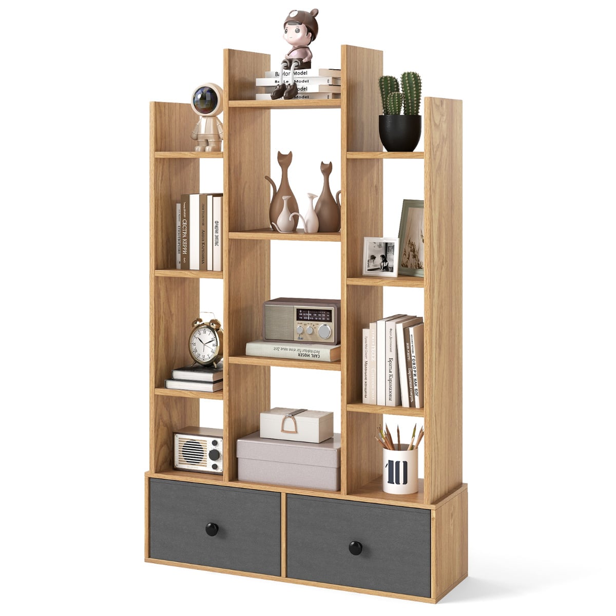 12-Tier Wooden Bookshelf with Folding Drawer for Study Living Room-Natural
