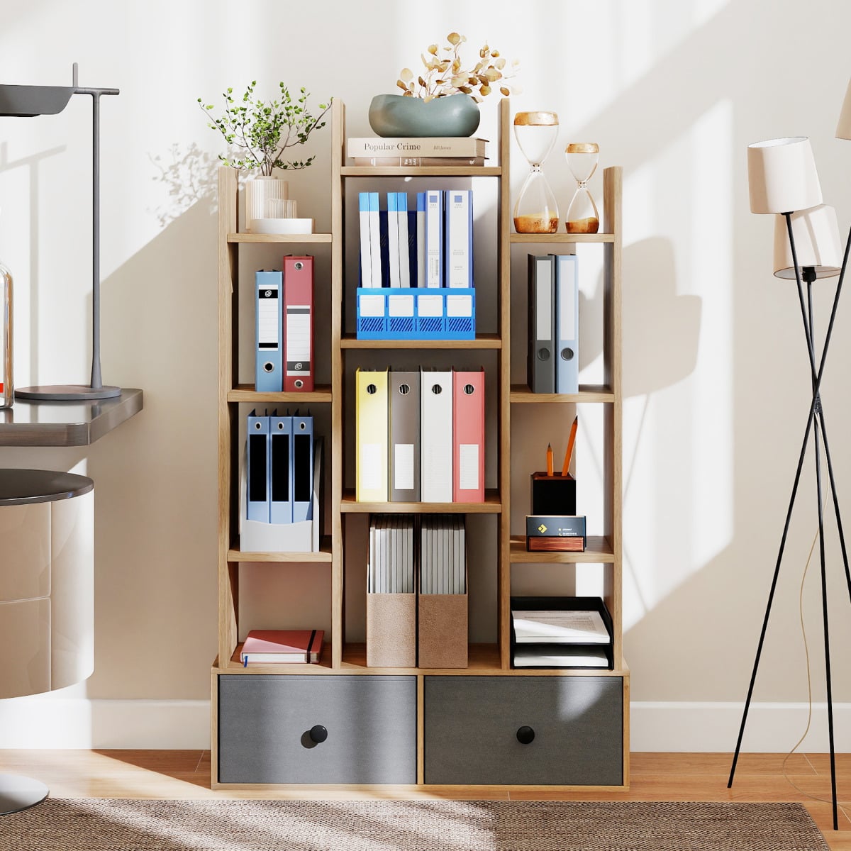 12-Tier Wooden Bookshelf with Folding Drawer for Study Living Room-Natural