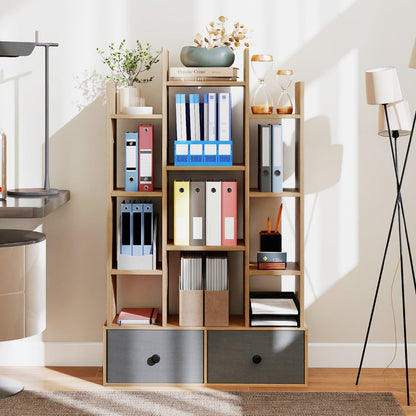 12-Tier Wooden Bookshelf with Folding Drawer for Study Living Room-Natural