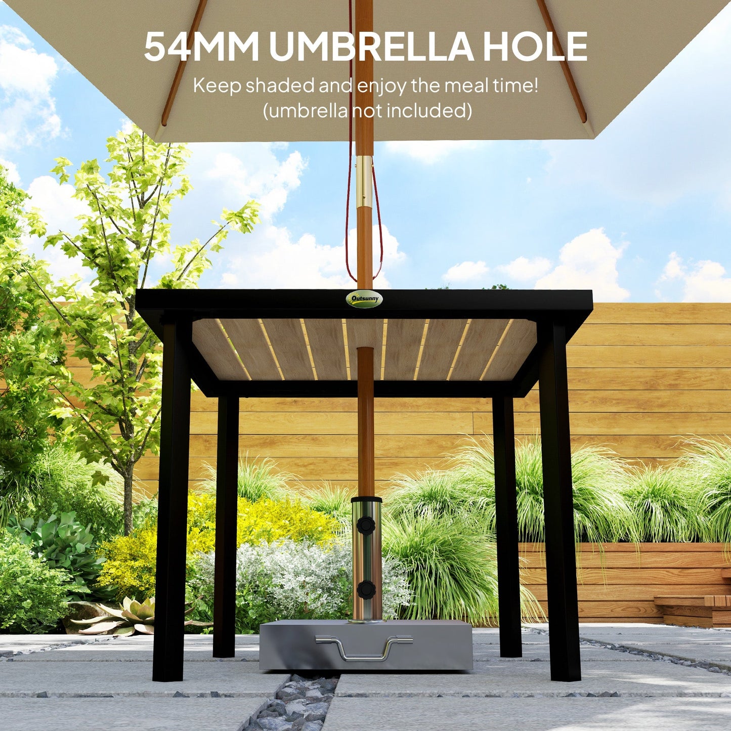 Outsunny Square Garden Dining Table with 5.4cm Parasol Hole, Slatted Top, Metal Frame, 86 x 86 x 71cm, Brown