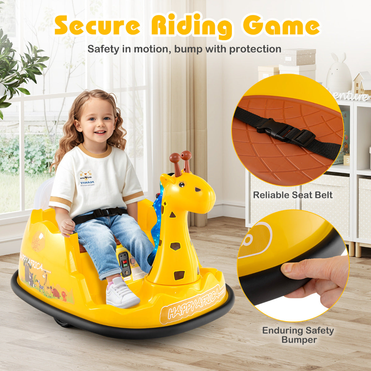 12V Bumper Car Giraffe Toddler 360° Spinning Ride on Toy-Yellow