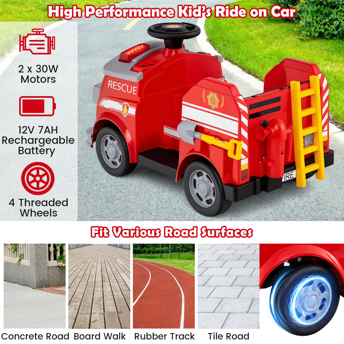 12V Kids Ride on Fire Truck with Shovel and Wrench-Red