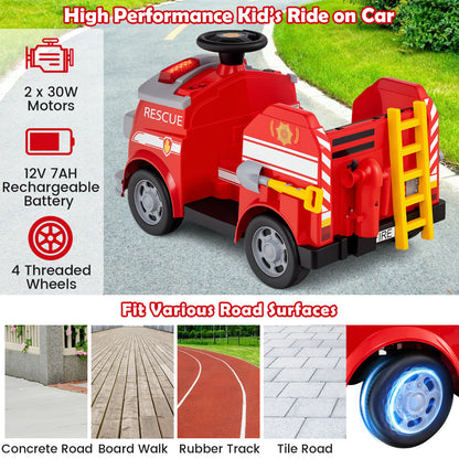 12V Kids Ride on Fire Truck with Shovel and Wrench-Red