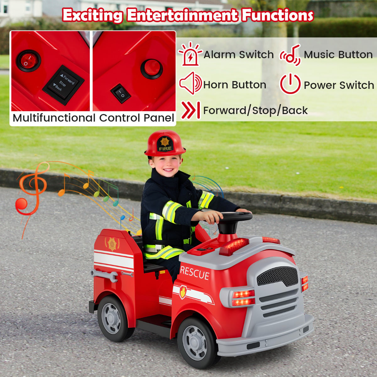 12V Kids Ride on Fire Truck with Shovel and Wrench-Red