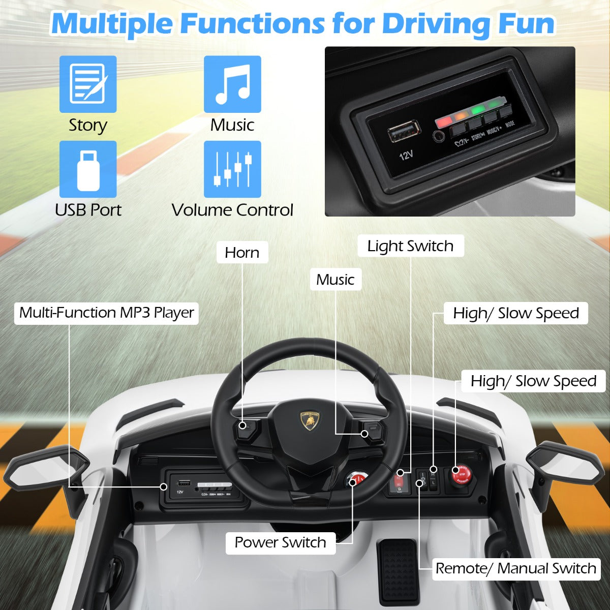 12V Licensed Lamborghini Kids Ride on Car with Remote Control-White