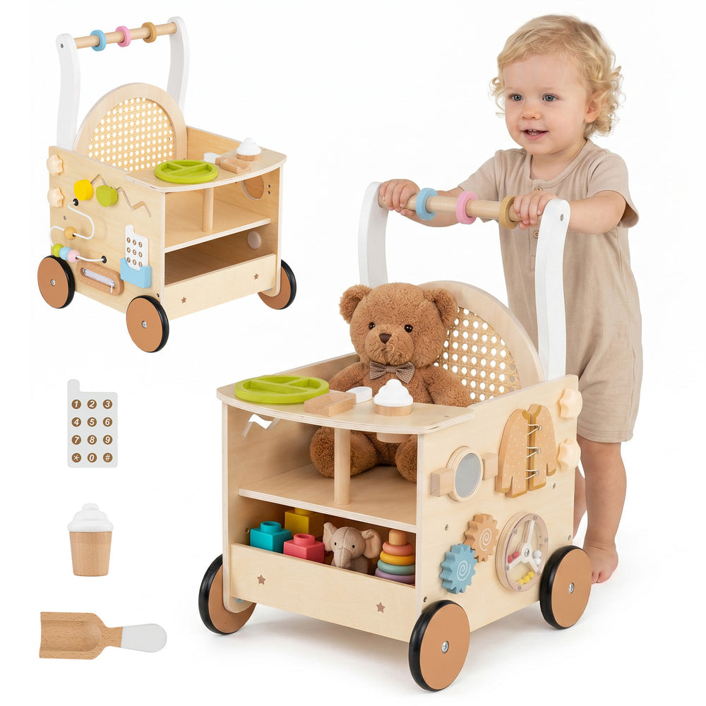 13-In-1 Wooden Baby Walker with Wheels and Storage for Boys Girls Aged 1+